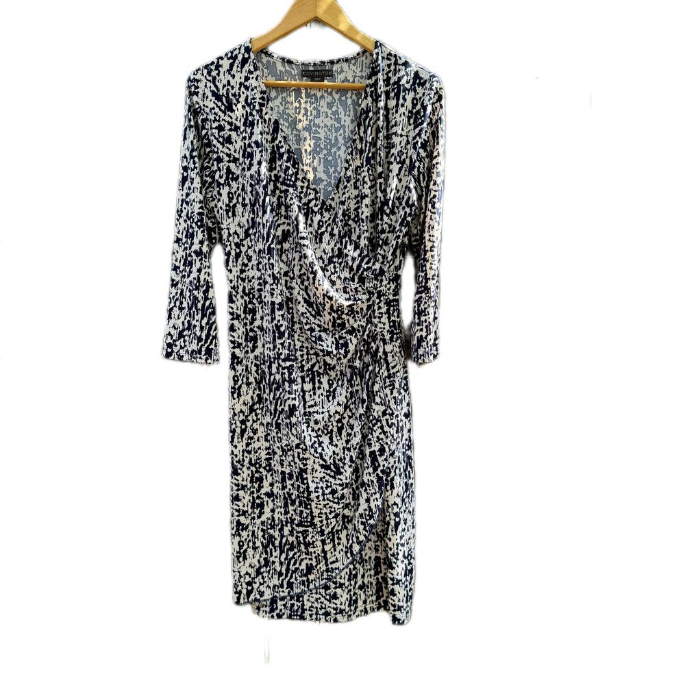 Covington Stretchy V Neck Draped Faux Wrap Midi Dress Bracelet-Sleeved Large